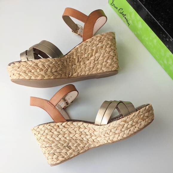 New! SAM EDELMAN Darline Gold Leather Espadrilles Wedge Sandals Heel Size 9.5 - Picture 12 of 16
